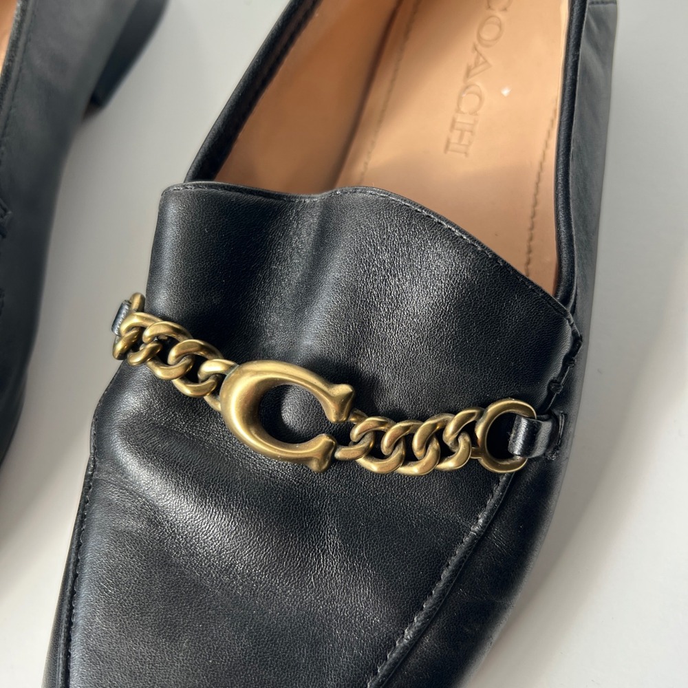 Coach Helena Loafers Size 8 Black Leather Gold Chain Link C Logo Flats Shoes - Picture 5 of 11